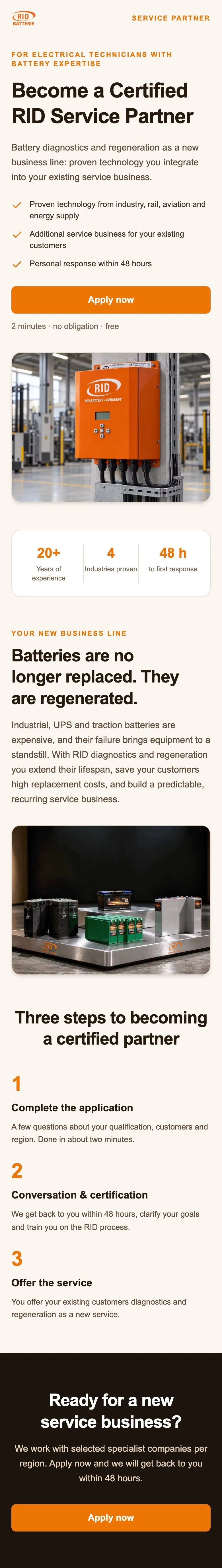 Landingpage: RID Battery Service Partner Program